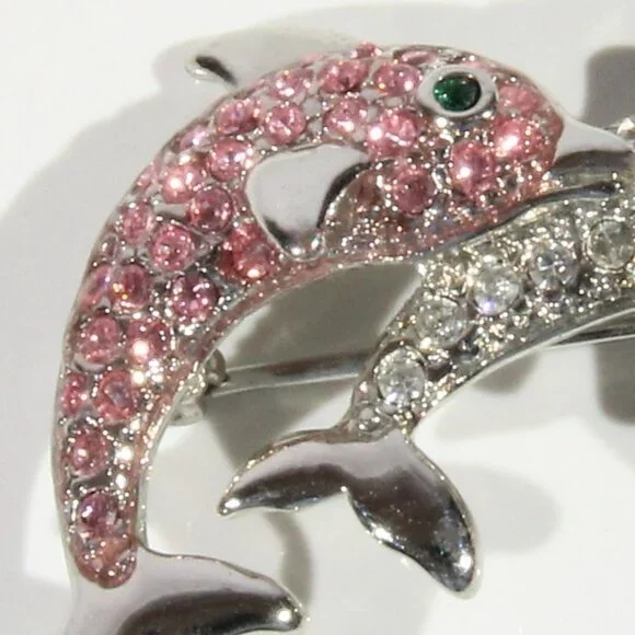 Vintage Silver-Tone Dolphin Brooch with Pink, Clear, & Green Rhinestones - Picture 3 of 5